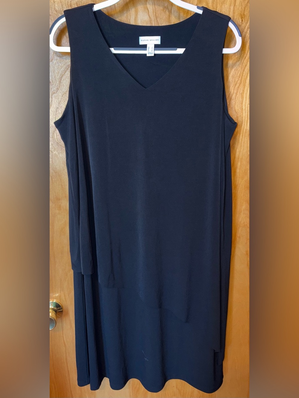 Susan Graver black liquid knit tiered sleeveless v-neck shift dress Size Large